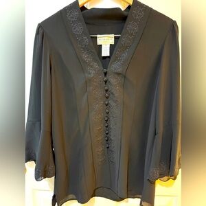 VTG Victor Costa Black Seashell Embroidered Women's Top Ruffle Sleeve